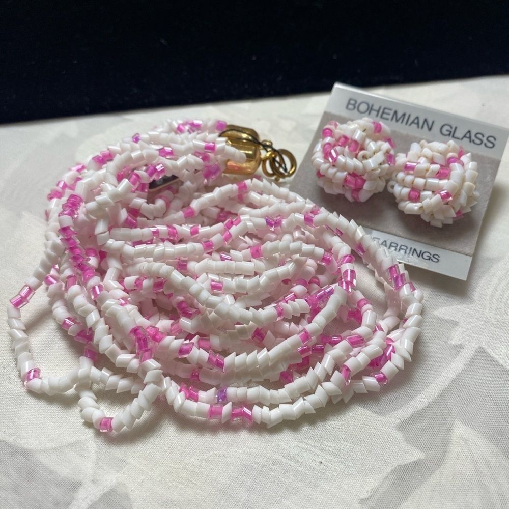 Vintage Pink and White Bohemian Glass MultiStrand Necklace Set NWT